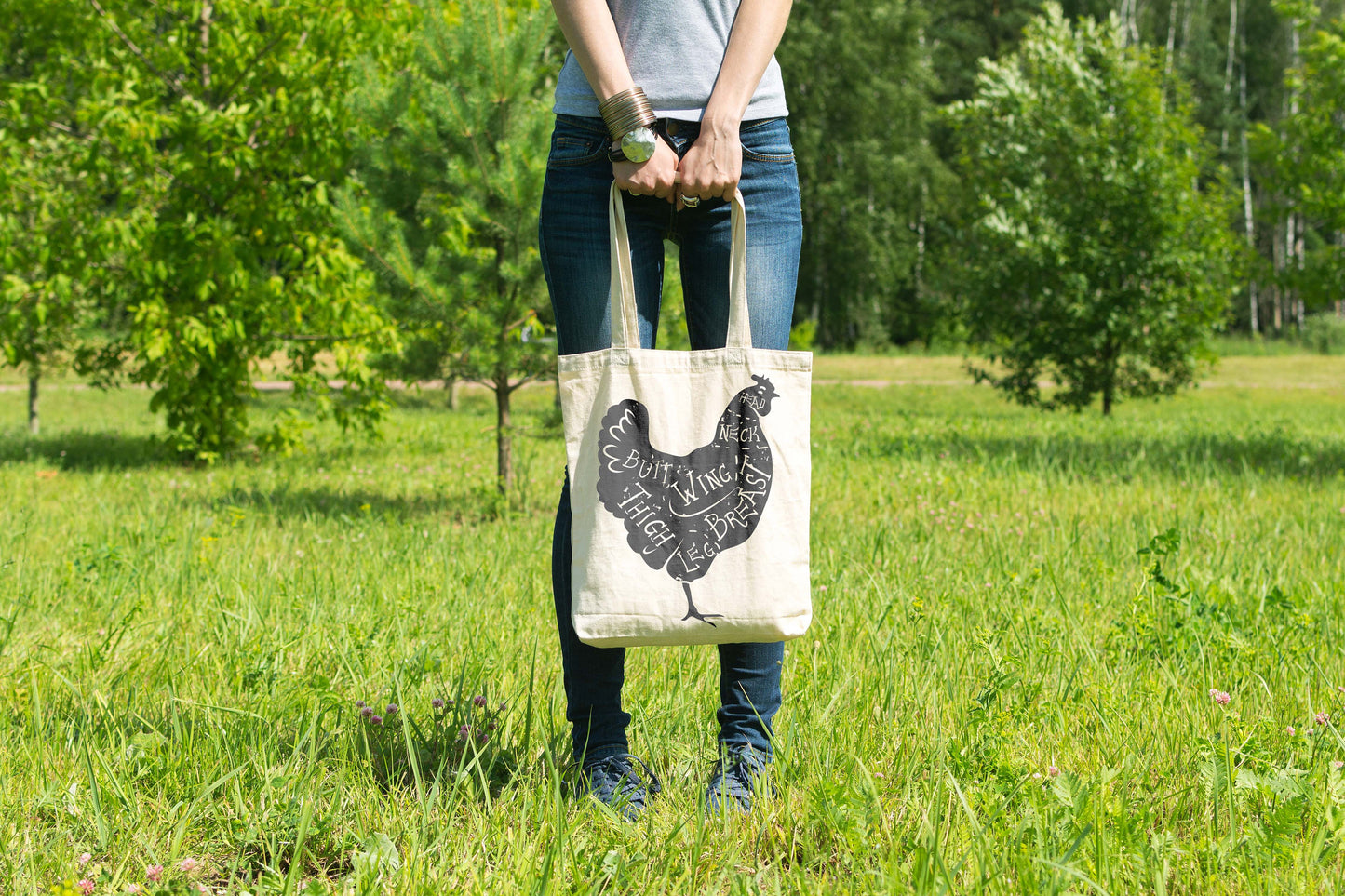 Cute Chicken Tote 100% Cotton Fun Grocery Tote, Book Tote. Premium Cotton Canvas 15.5" by 19.5 " with 5" Gusset, Cuts of Meat Butcher Chart
