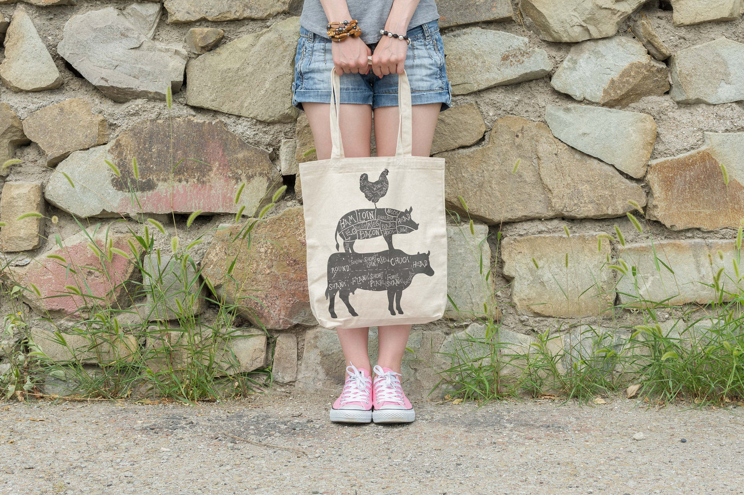 Vintage Butcher's Chart Tote 100% Cotton Fun Grocery Tote, Book Tote. Premium Cotton Canvas 15.5" by 19.5 " with 5" Gusset on bottom