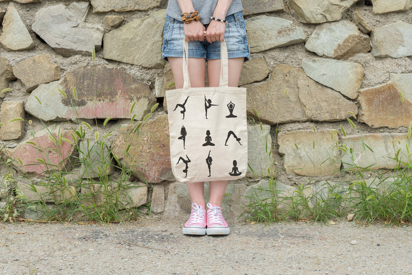 Yoga Pose Silhouettes Tote 100% Cotton Grocery Tote, Book Tote, Office Tote. Premium Cotton Canvas 15.5" by 19.5 " with 5" Gusset on bottom