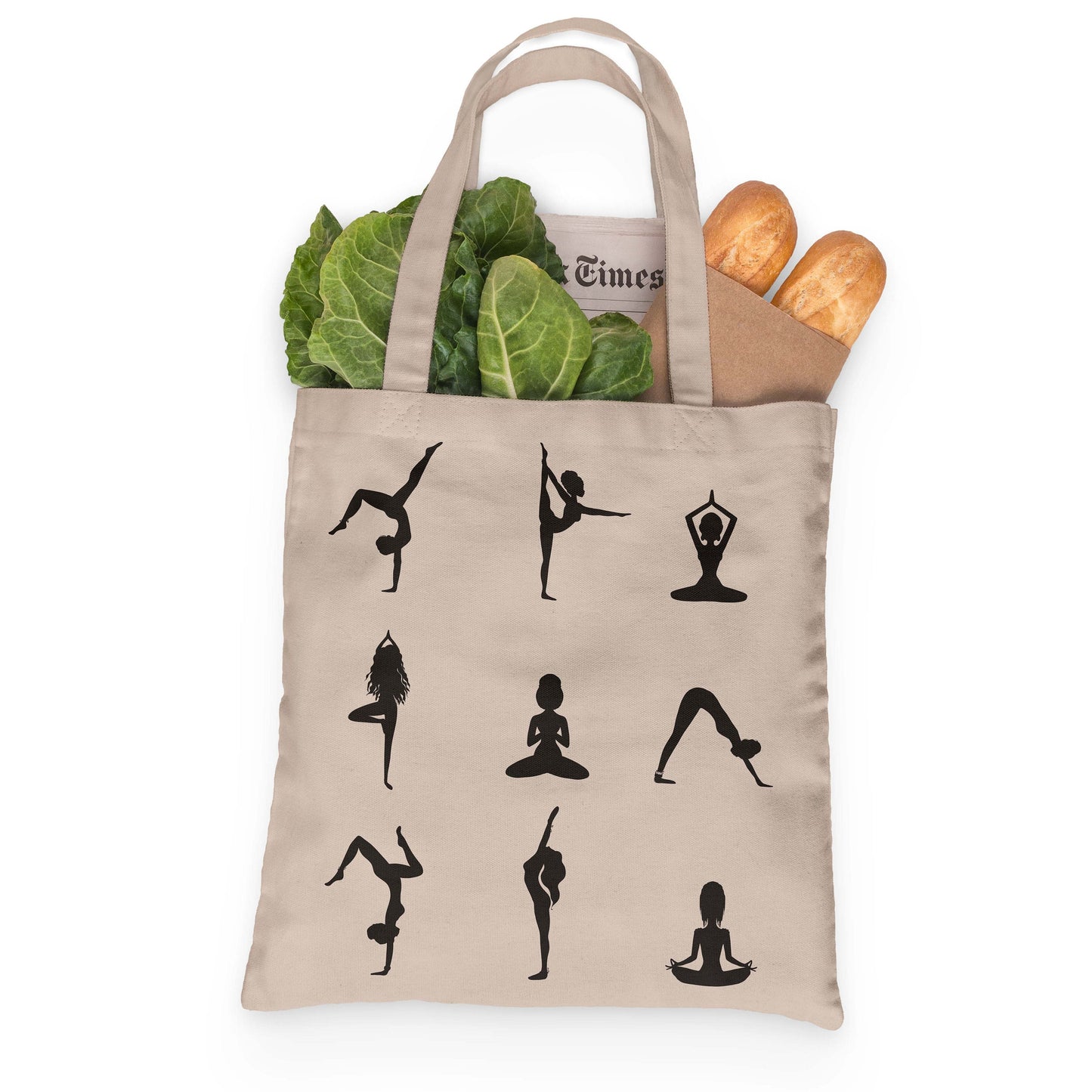 Yoga Pose Silhouettes Tote 100% Cotton Grocery Tote, Book Tote, Office Tote. Premium Cotton Canvas 15.5" by 19.5 " with 5" Gusset on bottom