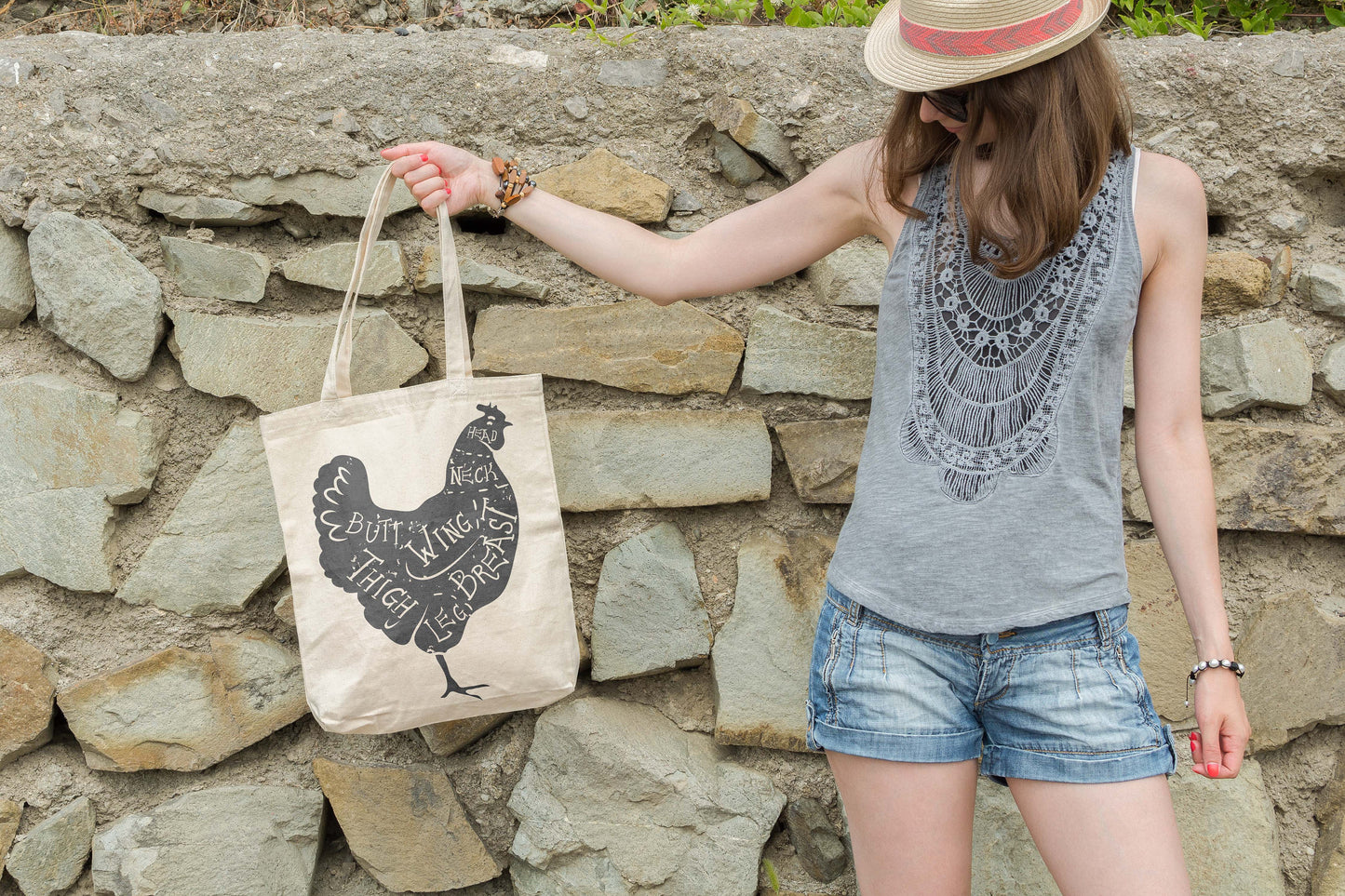 Cute Chicken Tote 100% Cotton Fun Grocery Tote, Book Tote. Premium Cotton Canvas 15.5" by 19.5 " with 5" Gusset, Cuts of Meat Butcher Chart