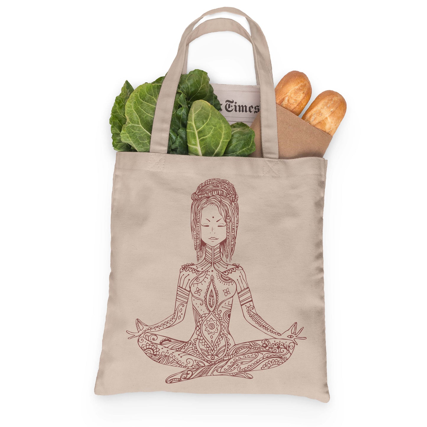 Yoga  Meditation Tote 100% Cotton Fun Grocery Tote, Book Tote, Office Tote. Premium Cotton Canvas 15.5" by 19.5 " with 5" Gusset on bottom
