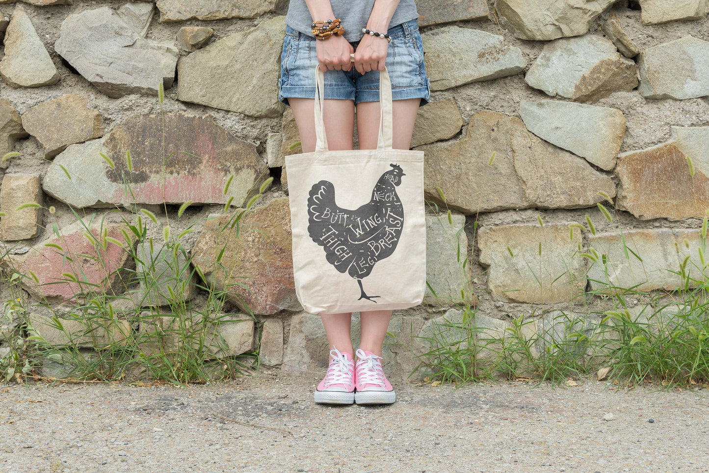 Cute Chicken Tote 100% Cotton Fun Grocery Tote, Book Tote. Premium Cotton Canvas 15.5" by 19.5 " with 5" Gusset, Cuts of Meat Butcher Chart